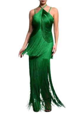 Green emerald fringed tube maxi dress