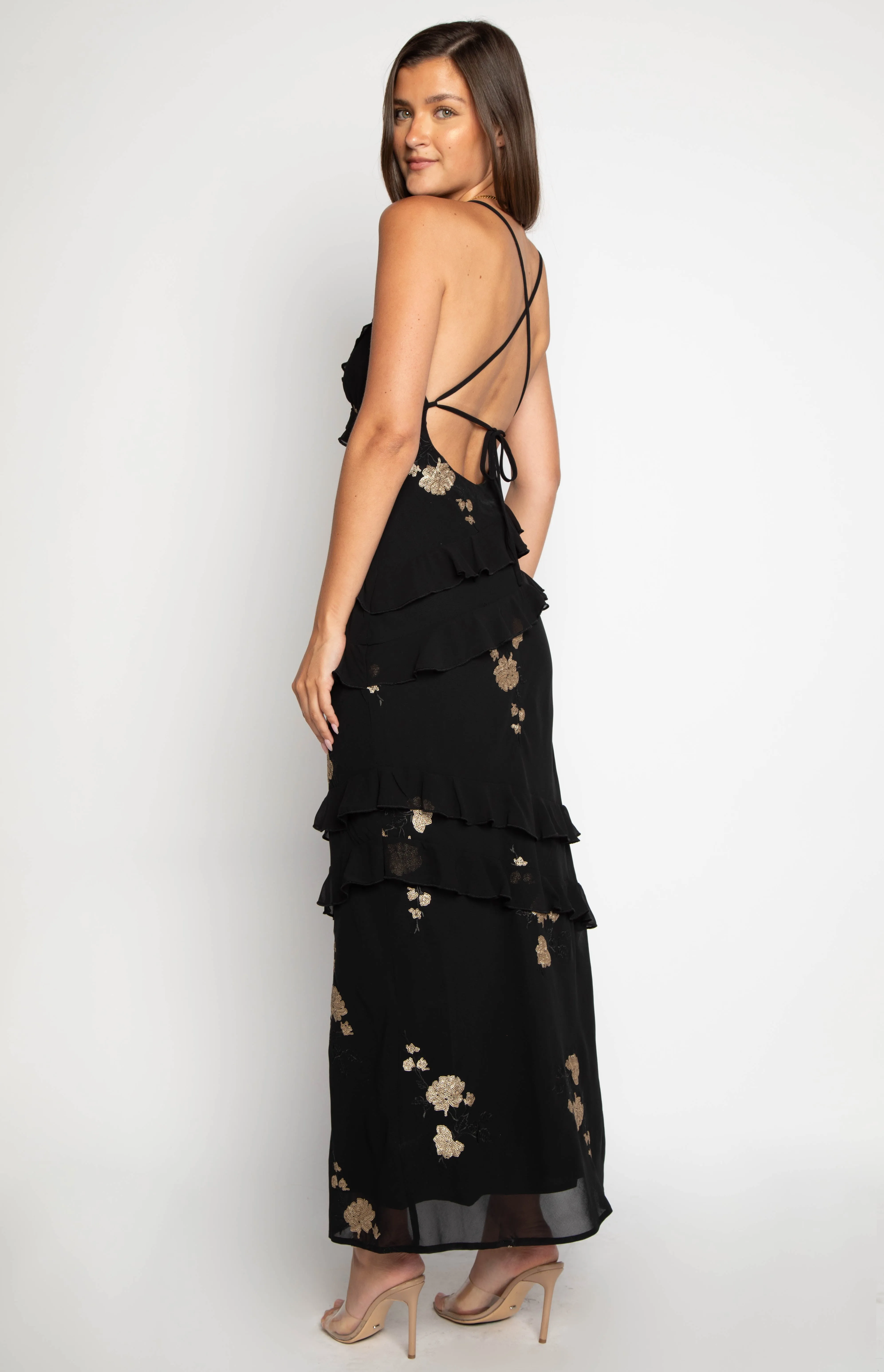 Inara Black Sequin Ruffle Maxi Dress