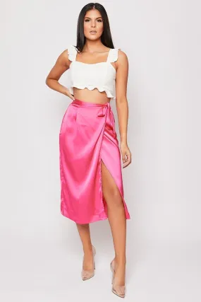 Lainee - Pink Wrap Tie Side Satin Wrap Midi Skirt