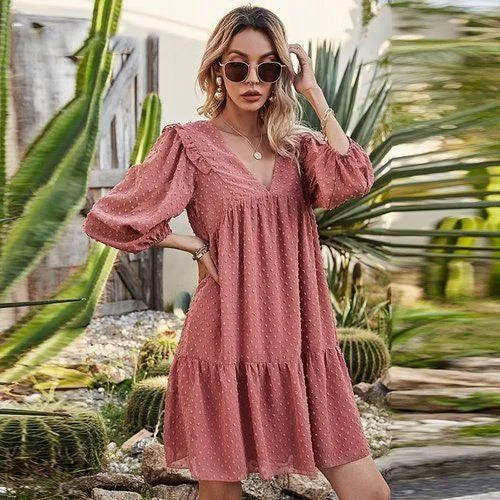 Lantern Sleeve V-Neck Ruffles Chiffon Embroidery Loose Boho Mini Dress