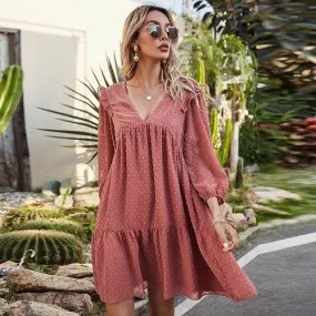 Lantern Sleeve V-Neck Ruffles Chiffon Embroidery Loose Boho Mini Dress