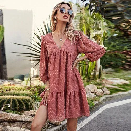 Lantern Sleeve V-Neck Ruffles Chiffon Embroidery Loose Boho Mini Dress