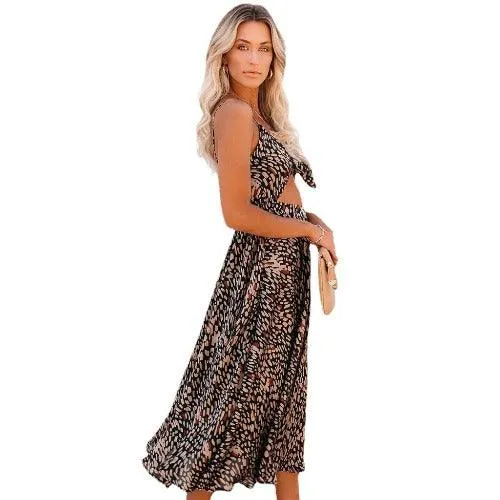 Leopard Spaghetti Strap Open-Back Sling Boho Midi Dress