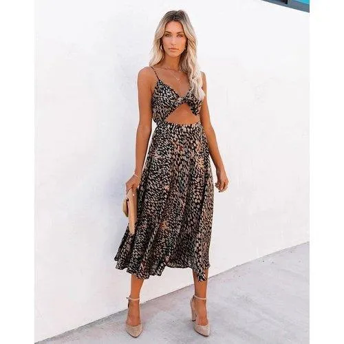 Leopard Spaghetti Strap Open-Back Sling Boho Midi Dress