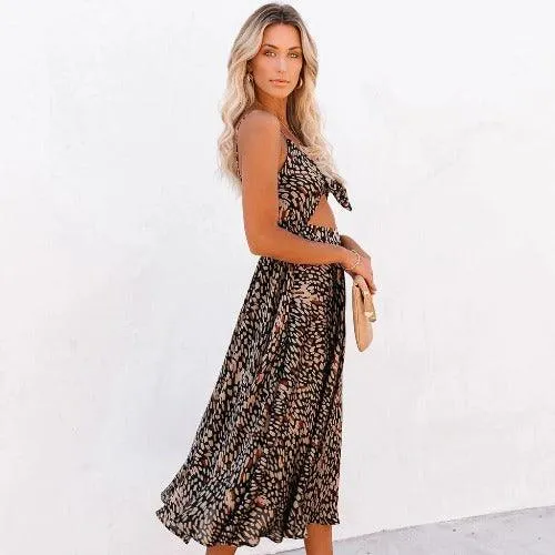 Leopard Spaghetti Strap Open-Back Sling Boho Midi Dress