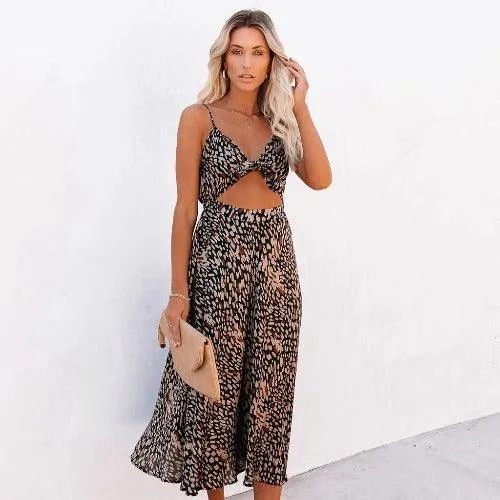 Leopard Spaghetti Strap Open-Back Sling Boho Midi Dress