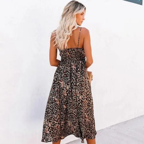 Leopard Spaghetti Strap Open-Back Sling Boho Midi Dress