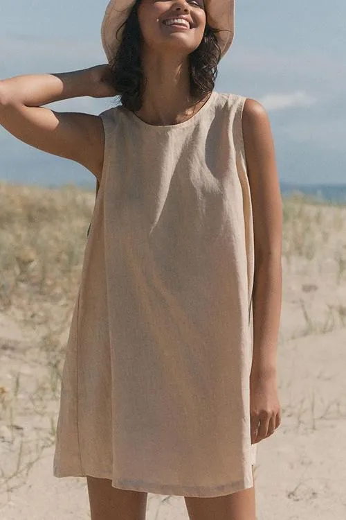 Linen O Neck Sleeveless Mini Dress