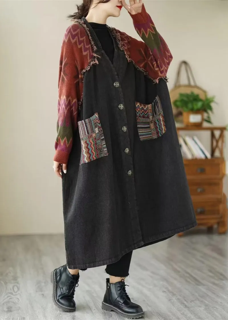 Loose Black Button Knit Patchwork Denim Long Coats Long Sleeve ML2089