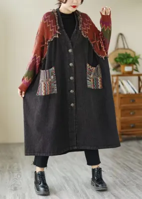 Loose Black Button Knit Patchwork Denim Long Coats Long Sleeve ML2089