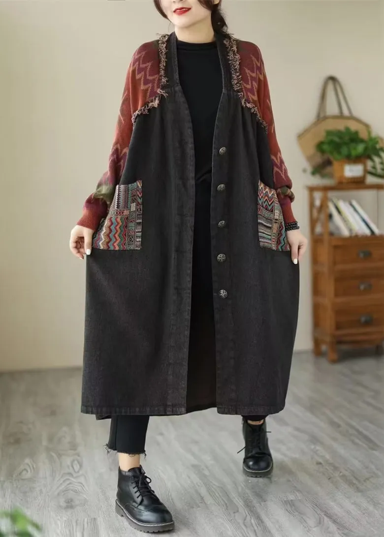 Loose Black Button Knit Patchwork Denim Long Coats Long Sleeve ML2089