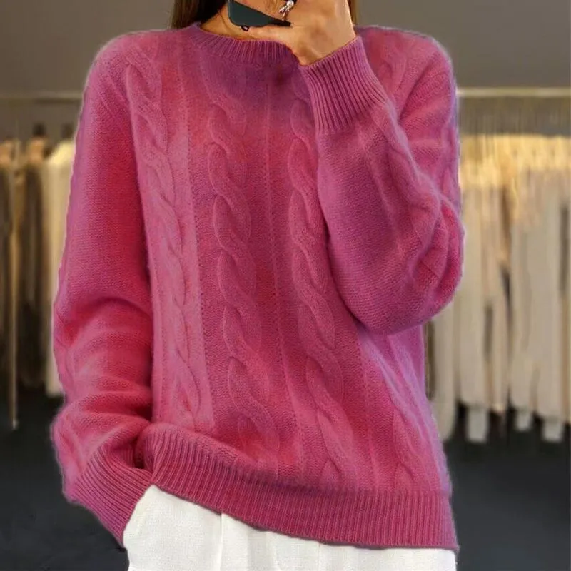 Mandy – Women's Soft Pink Cable Knit Sweater – Cozy Winterwear in Warm Wool Blend