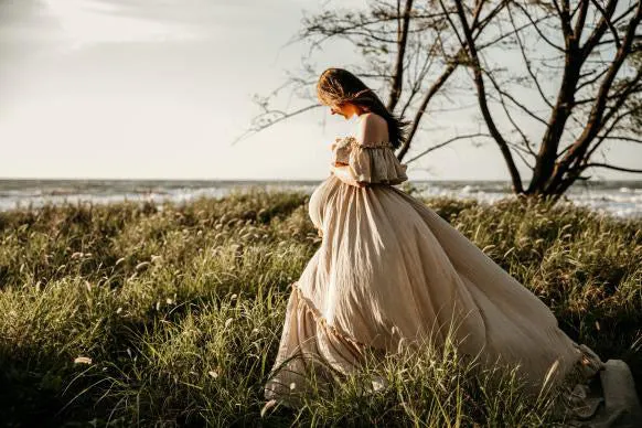 Maternity Photoshoot Dresses - Beige Off Shoulder Gown