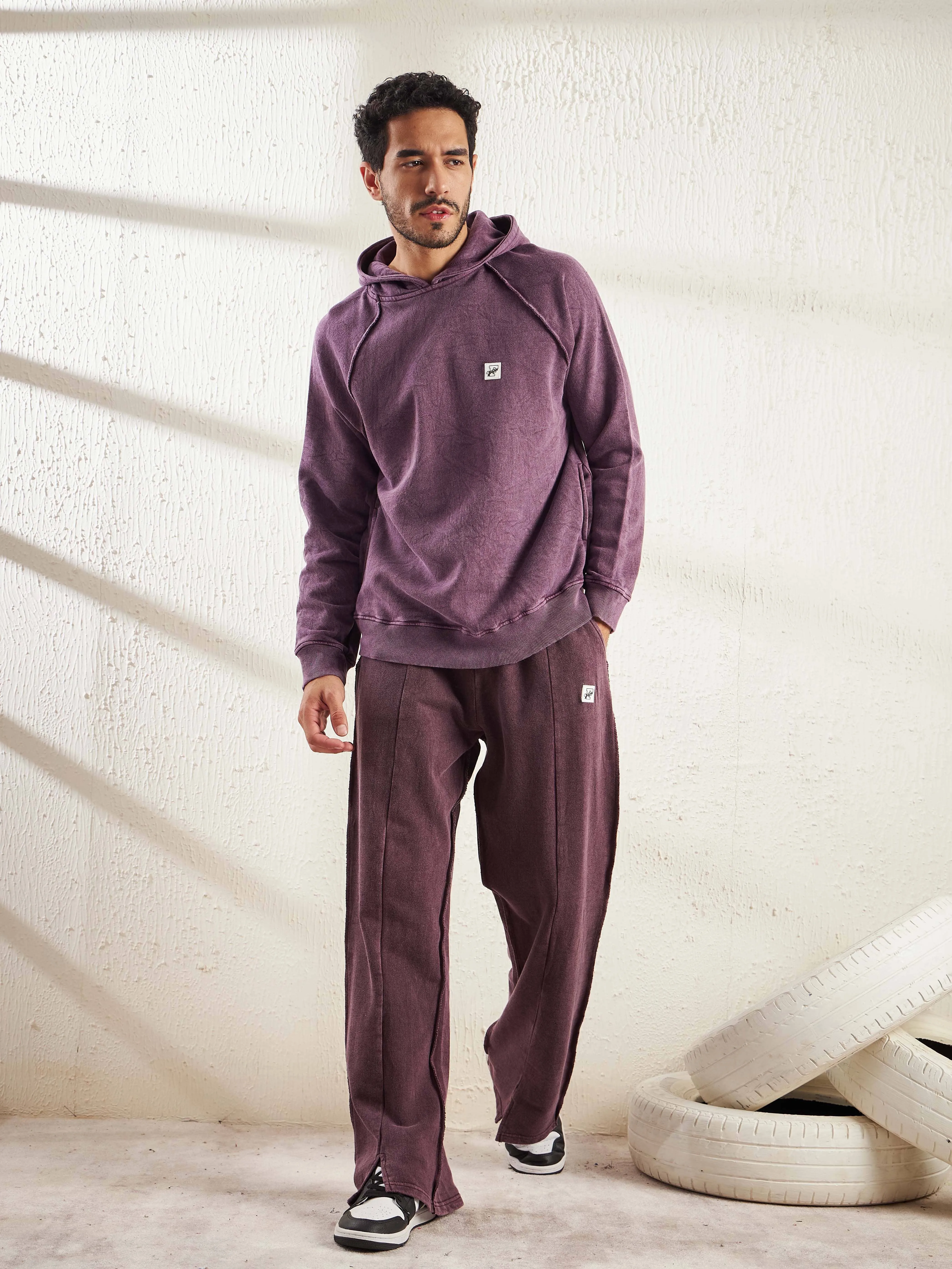 Mauve Dyed Raw Front Slit Relaxed Fit Jogger