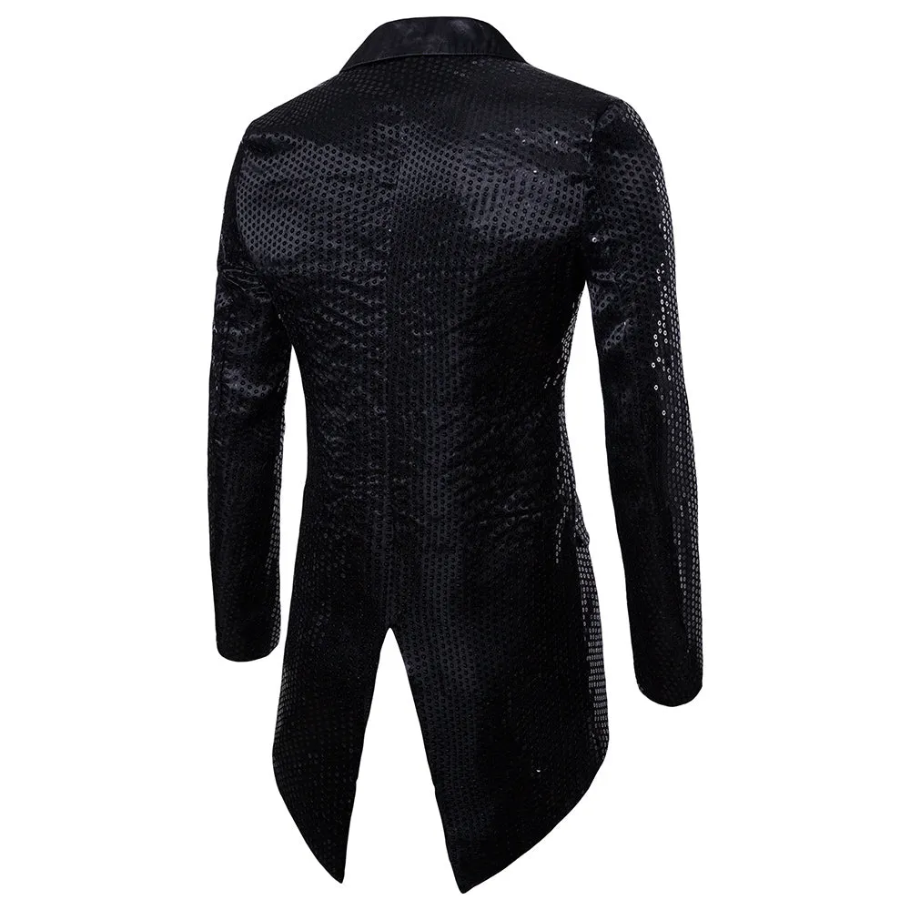 Men's Blazer Tail Sequin Casual Slim Fit Formal One Button Suit Coat collar Jacket