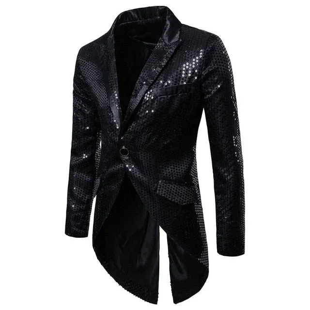 Men's Blazer Tail Sequin Casual Slim Fit Formal One Button Suit Coat collar Jacket