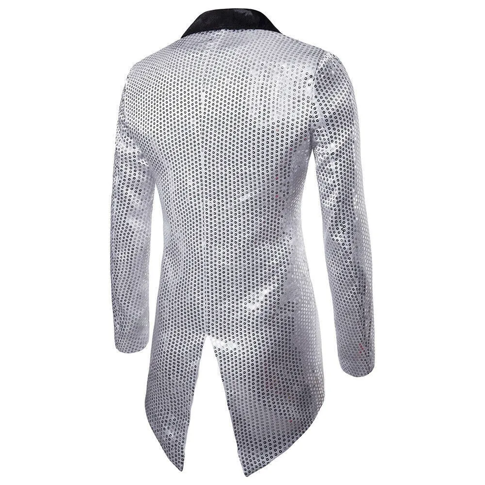 Men's Blazer Tail Sequin Casual Slim Fit Formal One Button Suit Coat collar Jacket