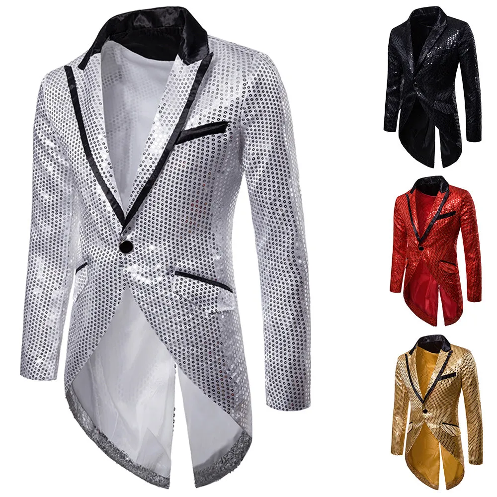 Men's Blazer Tail Sequin Casual Slim Fit Formal One Button Suit Coat collar Jacket