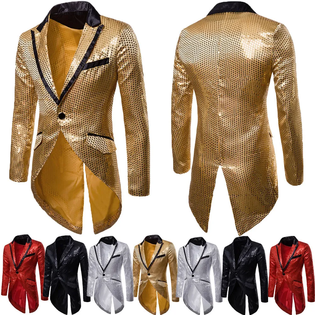 Men's Blazer Tail Sequin Casual Slim Fit Formal One Button Suit Coat collar Jacket