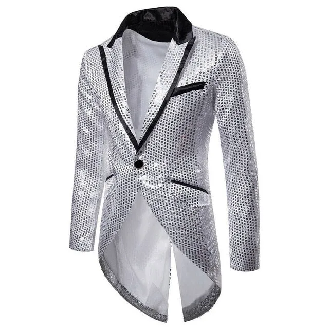 Men's Blazer Tail Sequin Casual Slim Fit Formal One Button Suit Coat collar Jacket