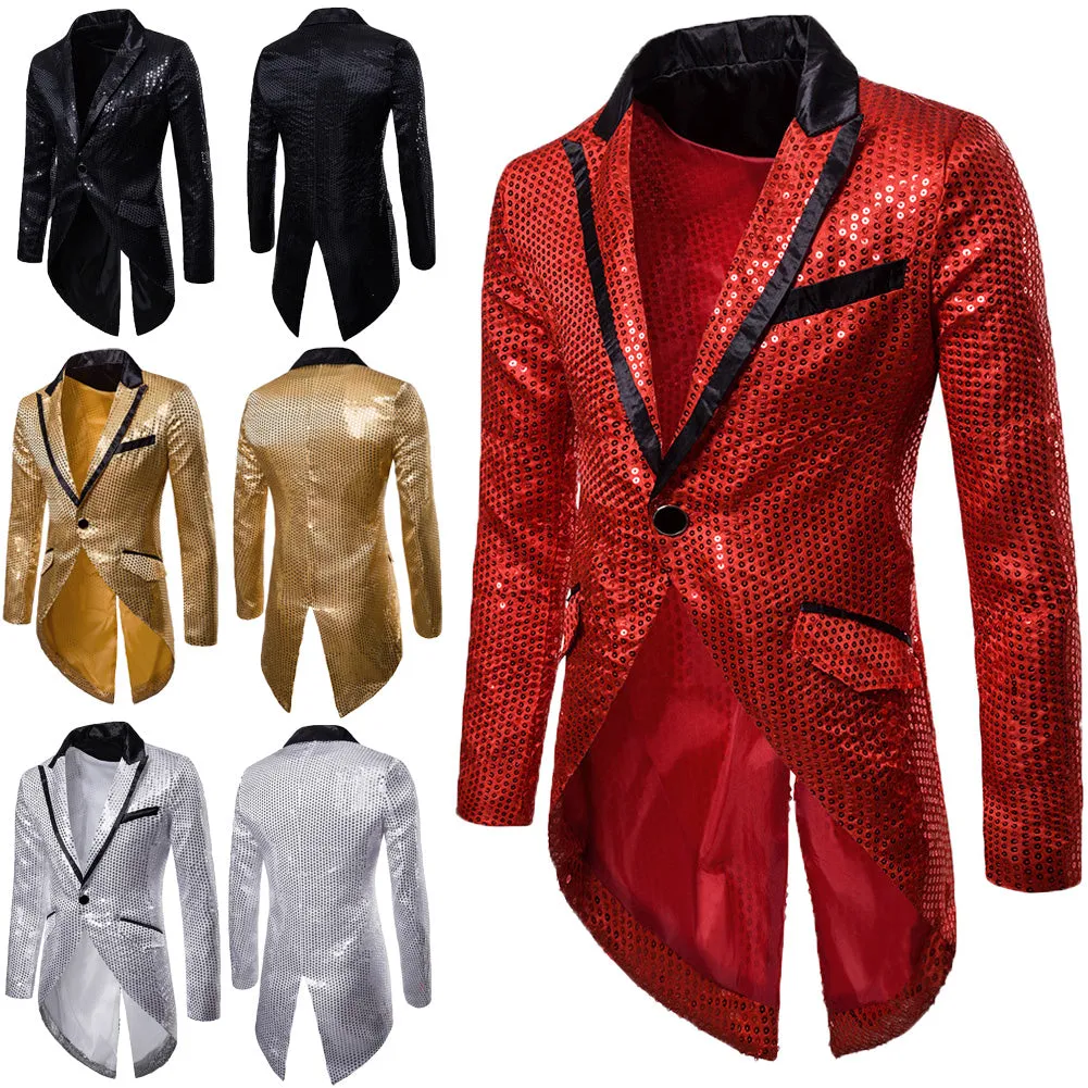 Men's Blazer Tail Sequin Casual Slim Fit Formal One Button Suit Coat collar Jacket