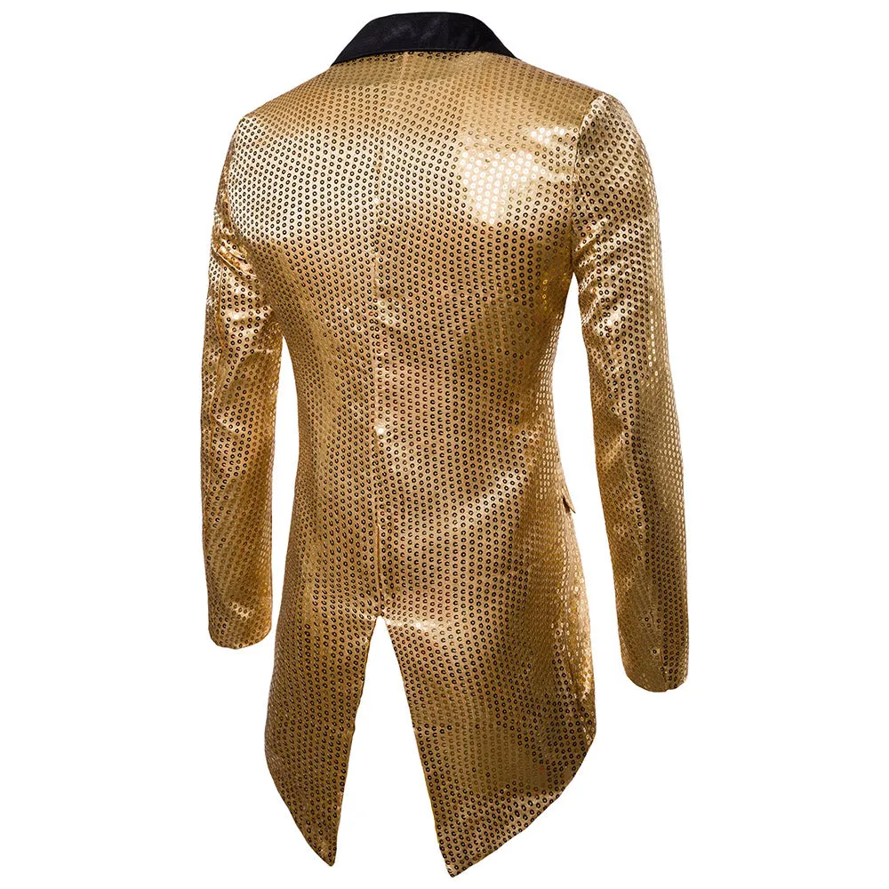 Men's Blazer Tail Sequin Casual Slim Fit Formal One Button Suit Coat collar Jacket