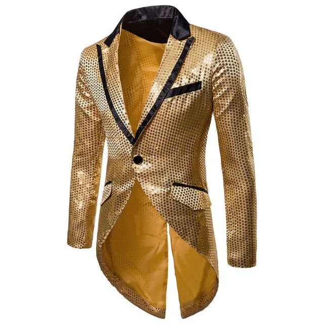 Men's Blazer Tail Sequin Casual Slim Fit Formal One Button Suit Coat collar Jacket