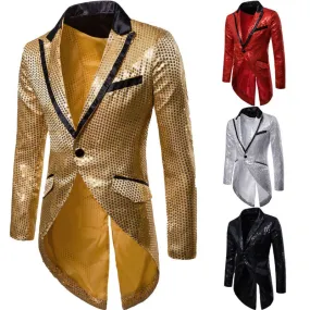 Men's Blazer Tail Sequin Casual Slim Fit Formal One Button Suit Coat collar Jacket