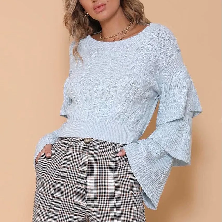 Midriff-baring Laminated Bell Sleeve Sweaters