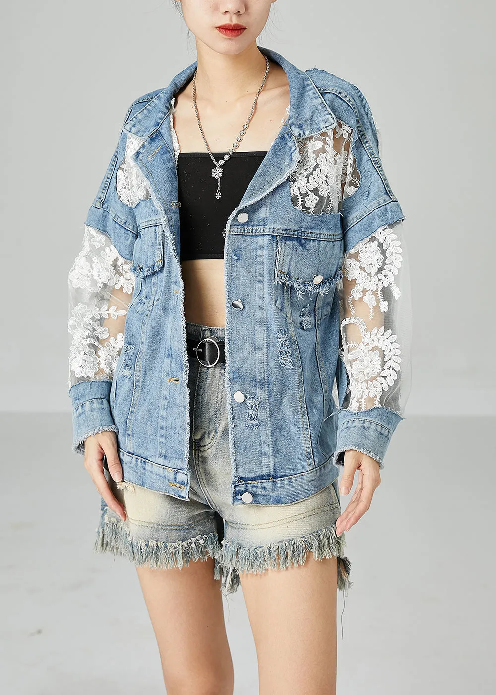 Modern Blue Lace Tulle Patchwork Denim Coats Summer LY2434