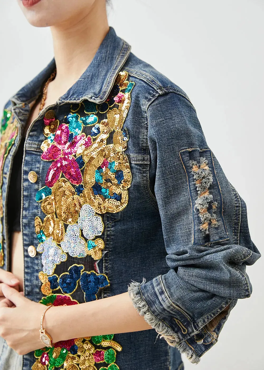 Navy Sequins Denim Ripped Coats