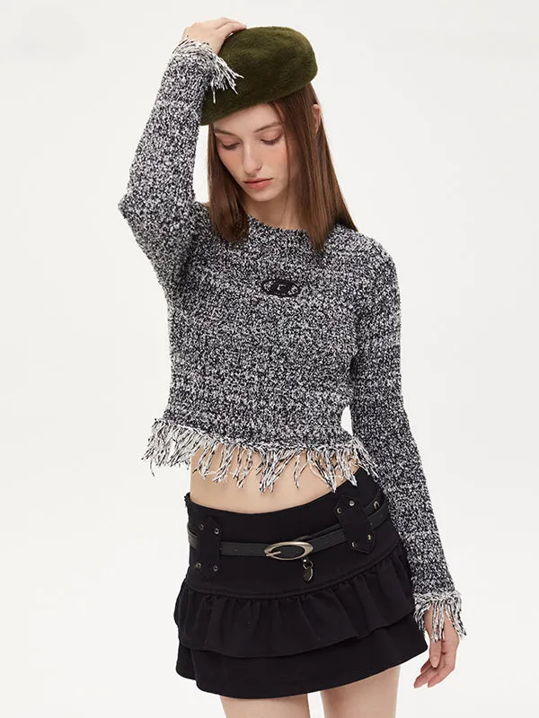 Nvuvu Knit Fringed Hem Ribbed Texture Sweater