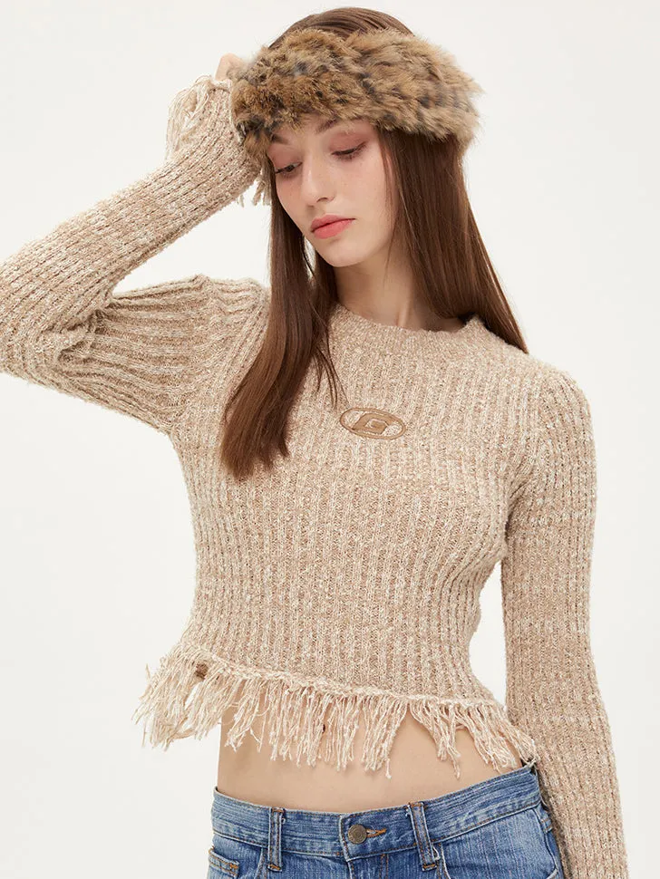 Nvuvu Knit Fringed Hem Ribbed Texture Sweater