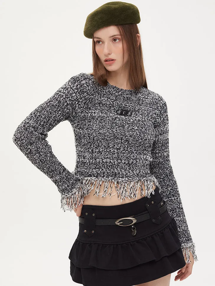 Nvuvu Knit Fringed Hem Ribbed Texture Sweater