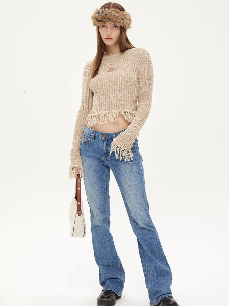 Nvuvu Knit Fringed Hem Ribbed Texture Sweater