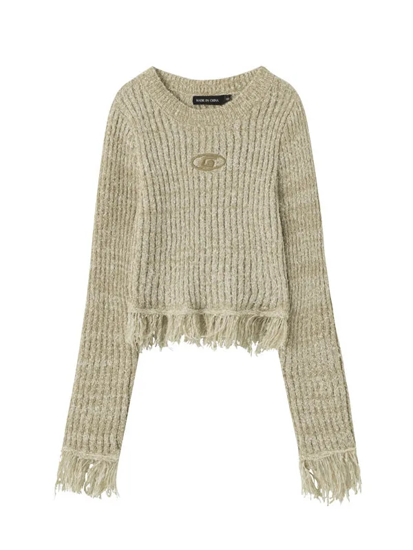 Nvuvu Knit Fringed Hem Ribbed Texture Sweater