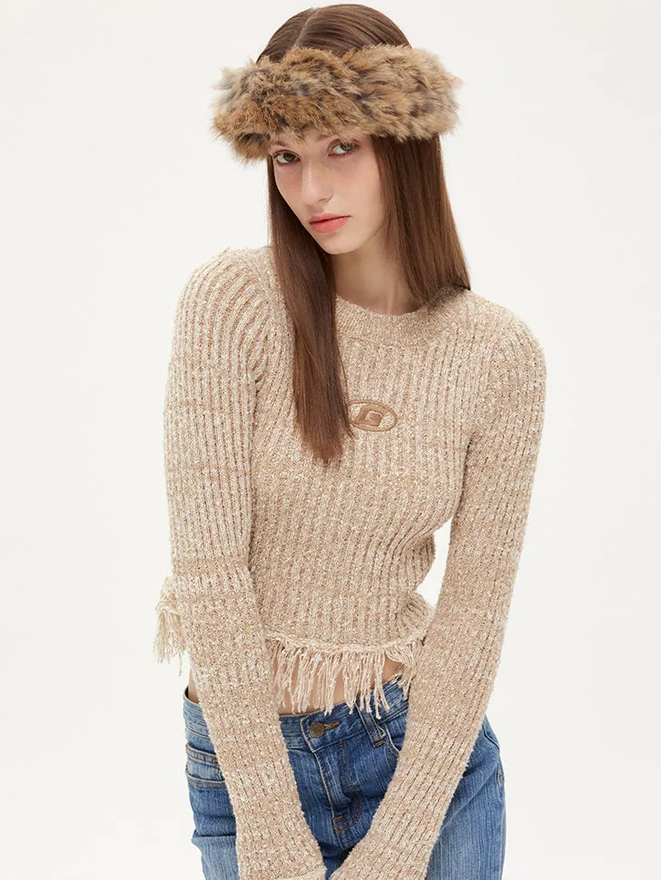 Nvuvu Knit Fringed Hem Ribbed Texture Sweater