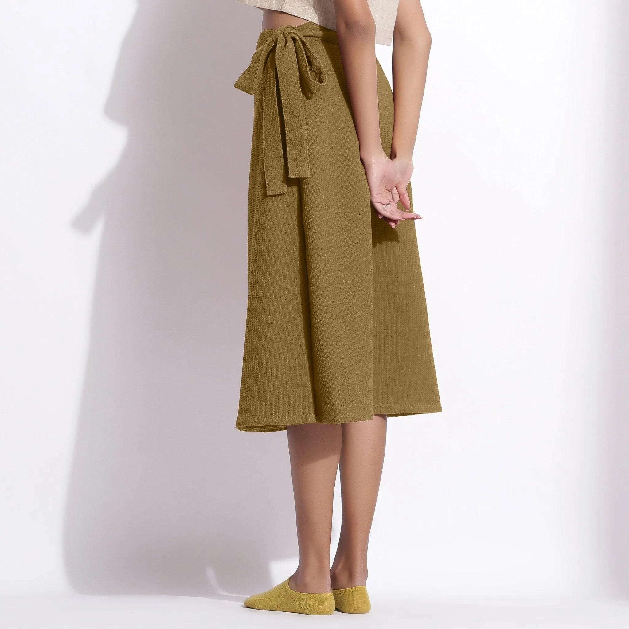 Olive Green Warm Cotton Waffle Midi Wrap Skirt