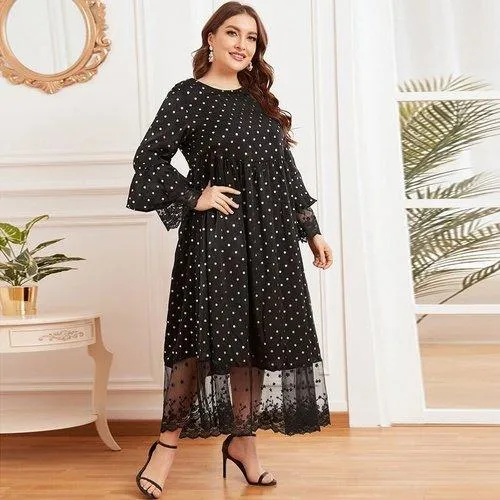 Plus Size Long Sleeve Polka Dot Print Lace Patchwork Maxi Swing Dress