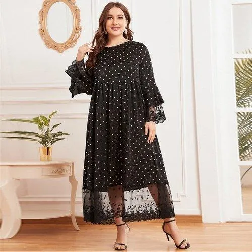 Plus Size Long Sleeve Polka Dot Print Lace Patchwork Maxi Swing Dress