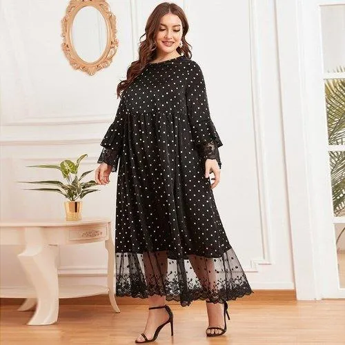 Plus Size Long Sleeve Polka Dot Print Lace Patchwork Maxi Swing Dress