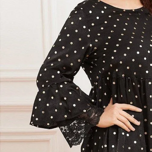 Plus Size Long Sleeve Polka Dot Print Lace Patchwork Maxi Swing Dress