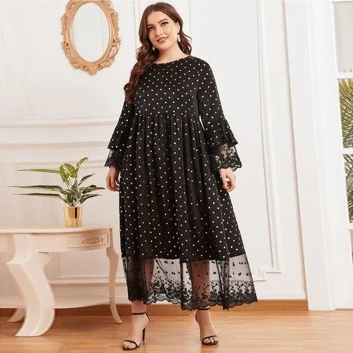 Plus Size Long Sleeve Polka Dot Print Lace Patchwork Maxi Swing Dress