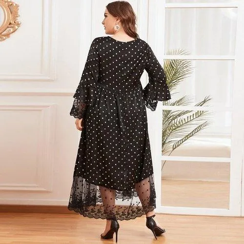 Plus Size Long Sleeve Polka Dot Print Lace Patchwork Maxi Swing Dress