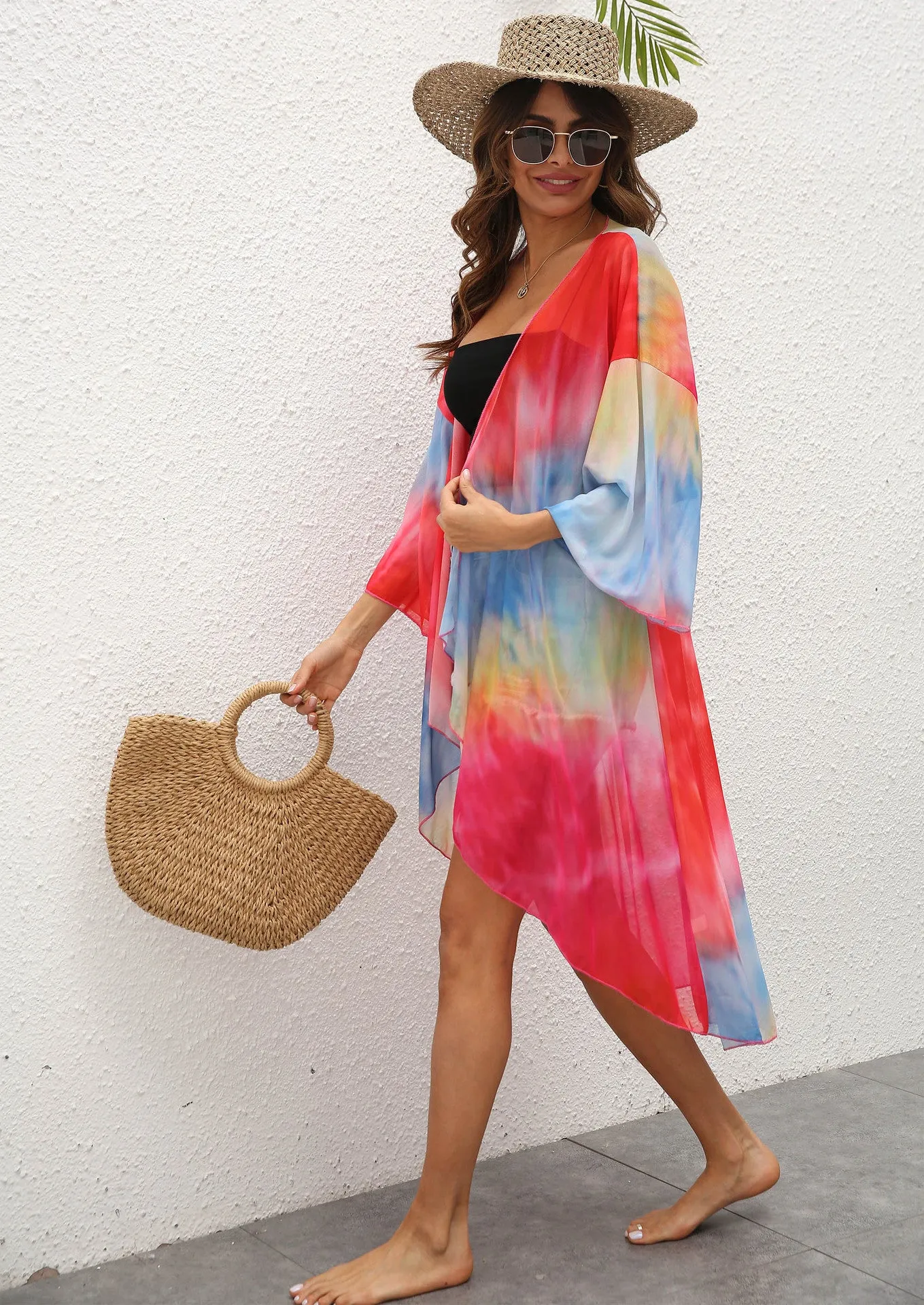 Printed Irregular Three-Quarter Sleeve Mesh Beach Wholesale Coats