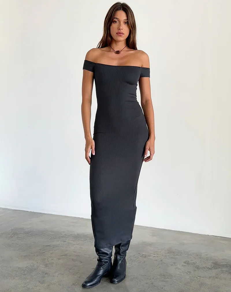 Racha Thick Rib Bardot Maxi Dress in Black Forest