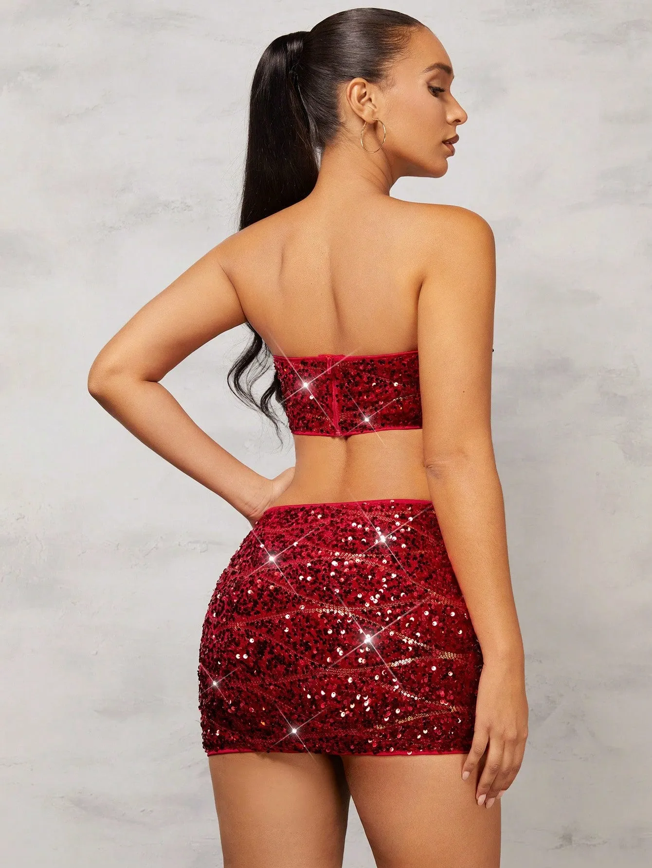 Red Strapless Contrast Sequence Two Piece Set