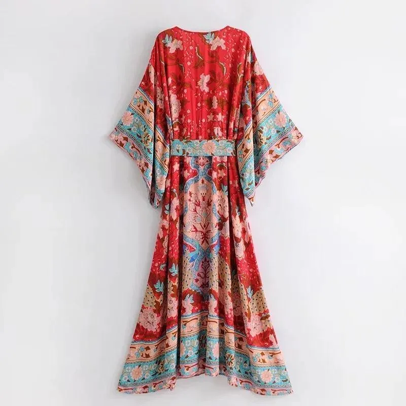 Red V-neck Bohemia Kimono Style Dresses