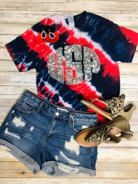 Red, White and Blue Tie Dye USA Monogram Shirt