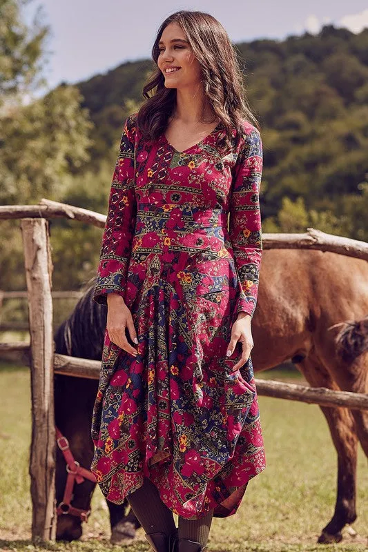 Roma Printed V Neckline Long Sleeve Dress